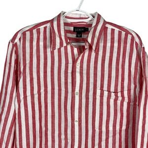 J‎ Crew Shirt 100% Linen Button Up Mens S Red Striped Long Sleeve Pocket